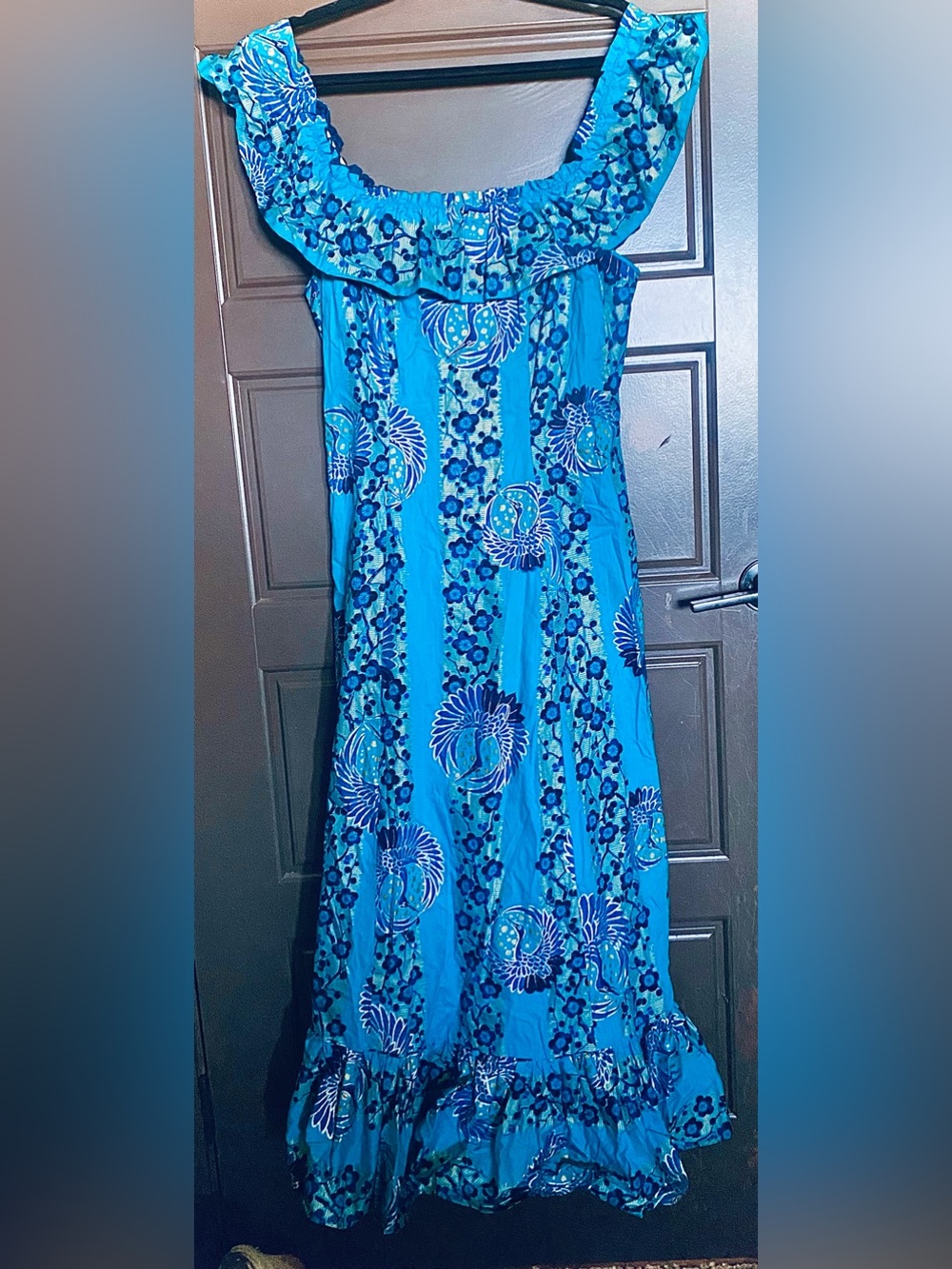 Vintage 50’s McInerny Honolulu Hawaiian Muumuu Dress Metallic Gold Peacock Maxi